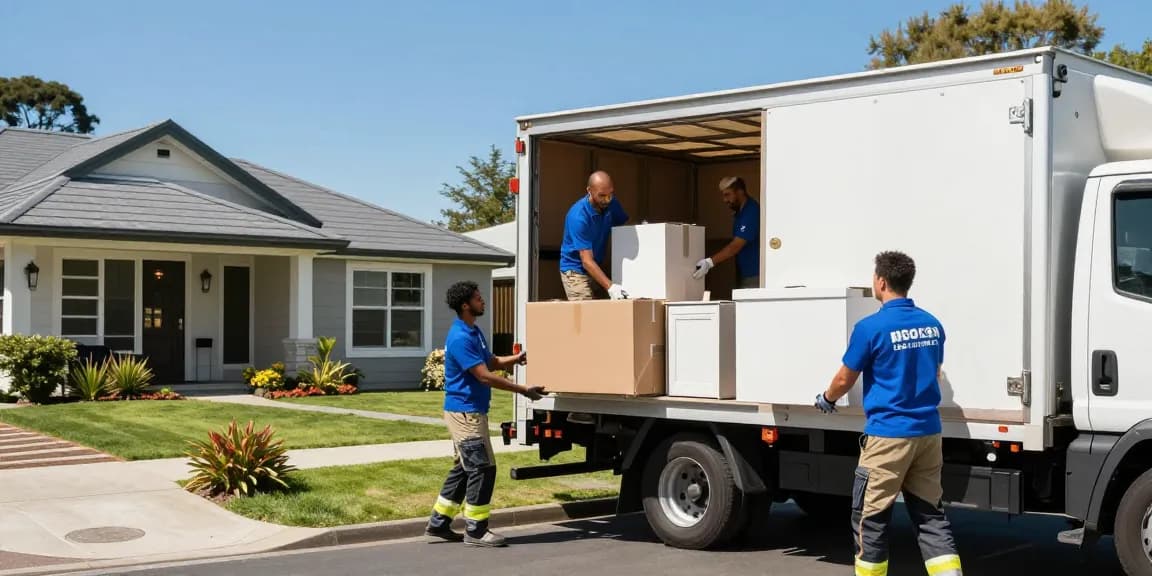 Professional movers from moving companies Tauranga carefully lifting boxes into a modern truck in a sunny, welcoming home environment.