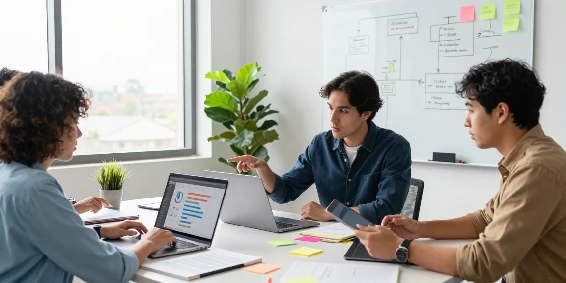 Team collaborating to build internal tools with AI in a modern workspace.