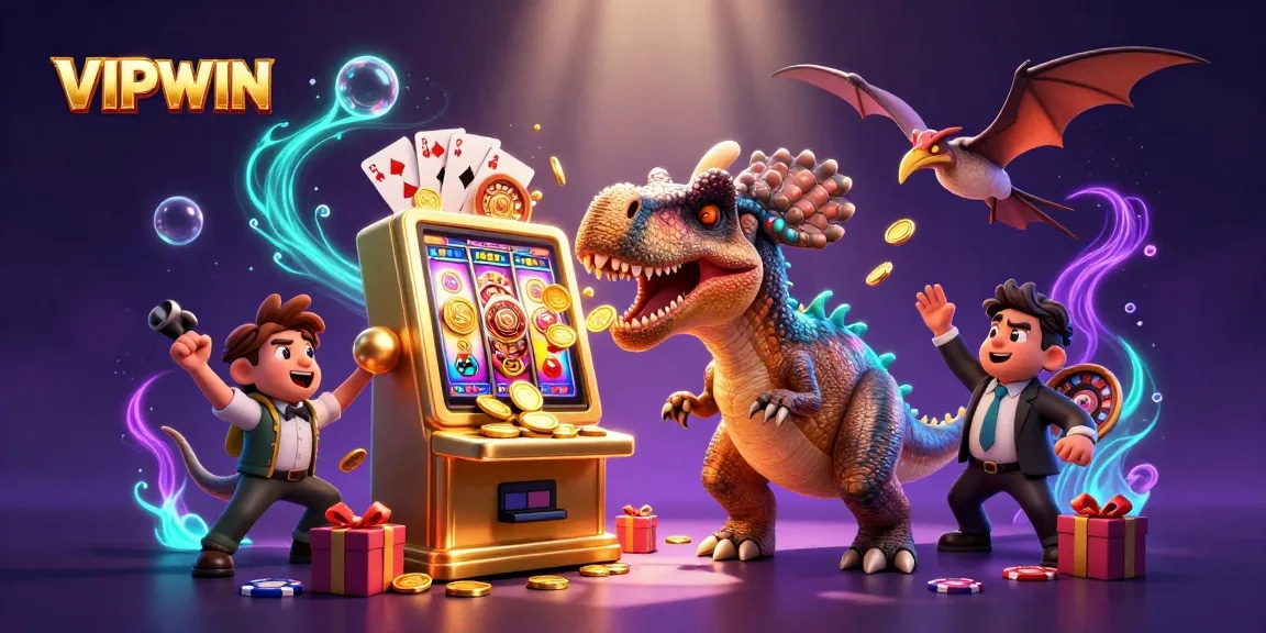 VIPWIN's thrilling adventure as characters experience an exciting casino payout surrounded by vibrant gaming elements.