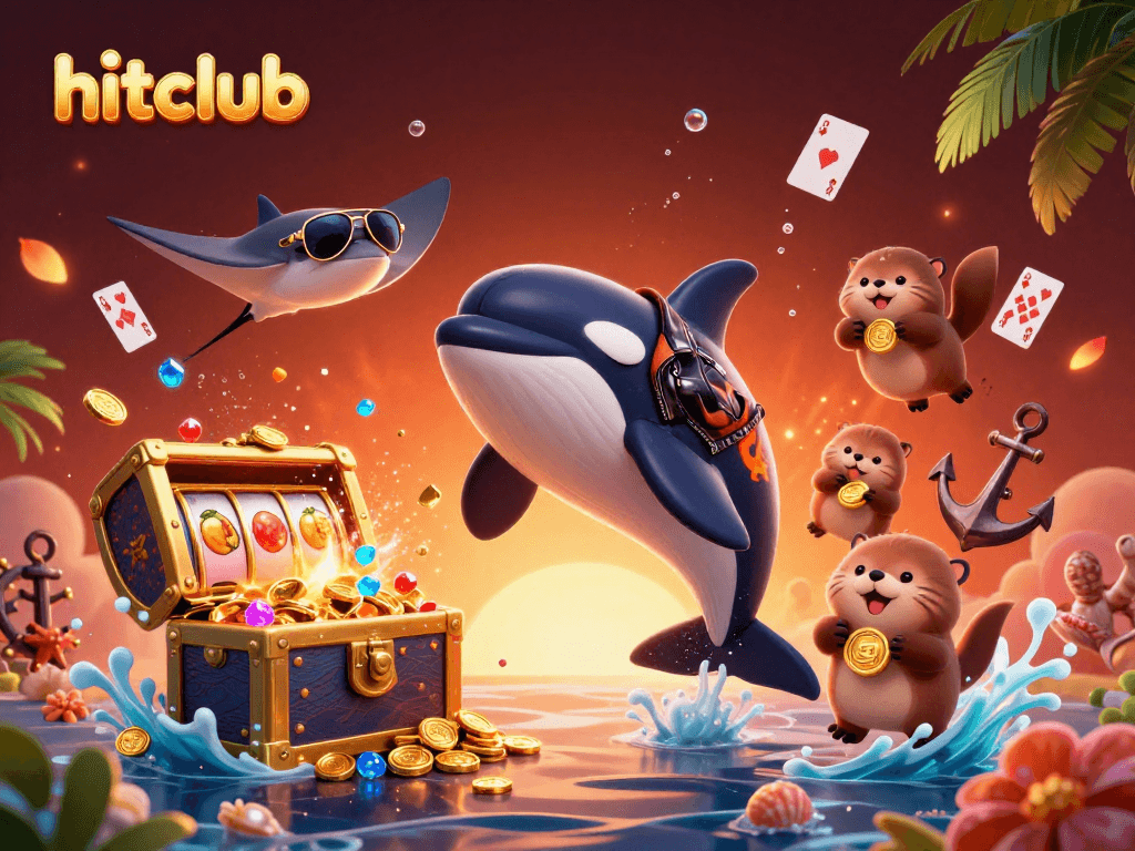 Hitclub showcases a vibrant underwater casino scene with orca, stingray, and otters among slot reels and treasures.