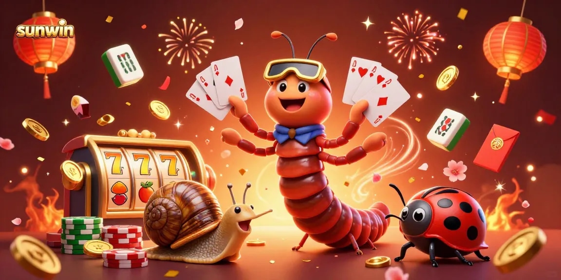 Experience the excitement of sunwin with cartoon characters celebrating casino wins amid vibrant slot elements and festive confetti.