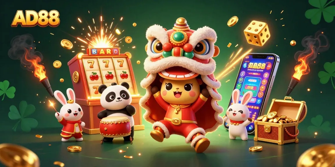 Experience the thrill of AD88’s lively casino atmosphere with festive characters amidst exciting jackpots.