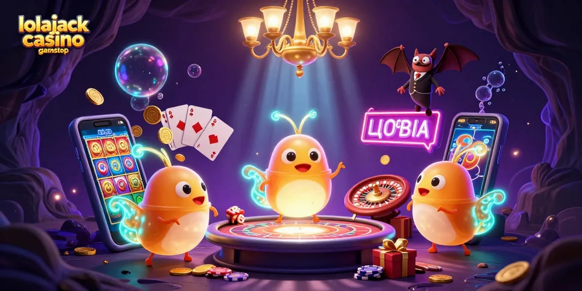 Join the action at lolajack casino gamstop with glowing characters and vibrant games in a cave setting.