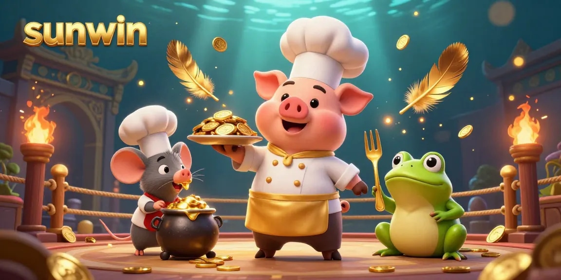 Experience sunwin’s vibrant casino atmosphere with a pig chef, gold coins, and enchanting characters.