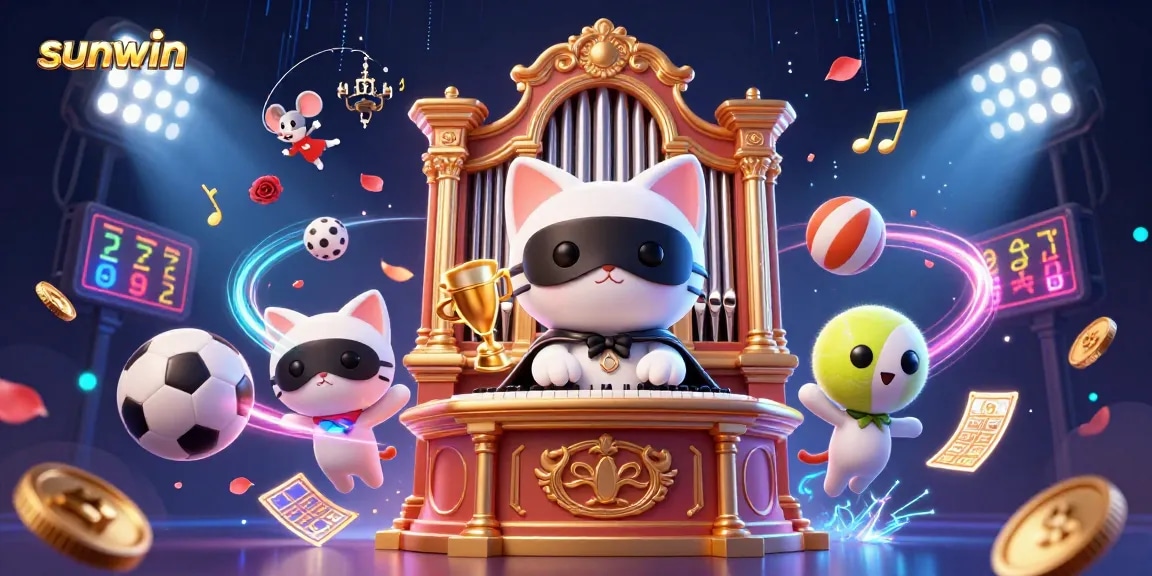 Engage with sunwin offerings featuring a whimsical scene with a phantom white cat and sports elements.
