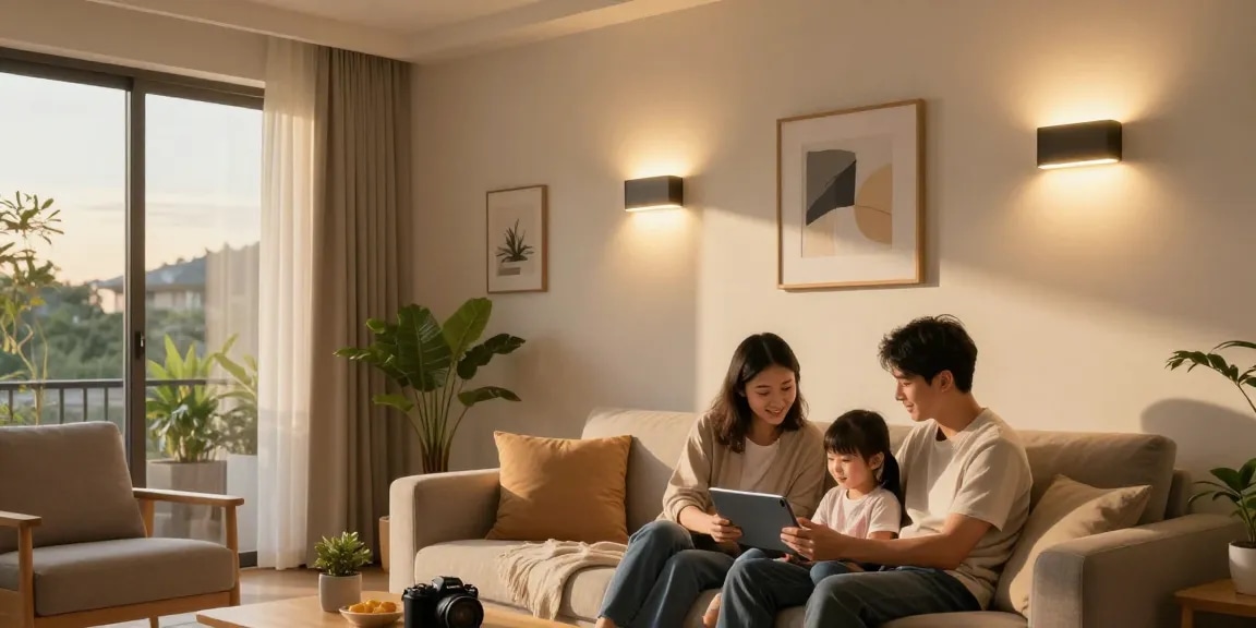 Aplica LED moderne iluminează un living cozy și elegant.