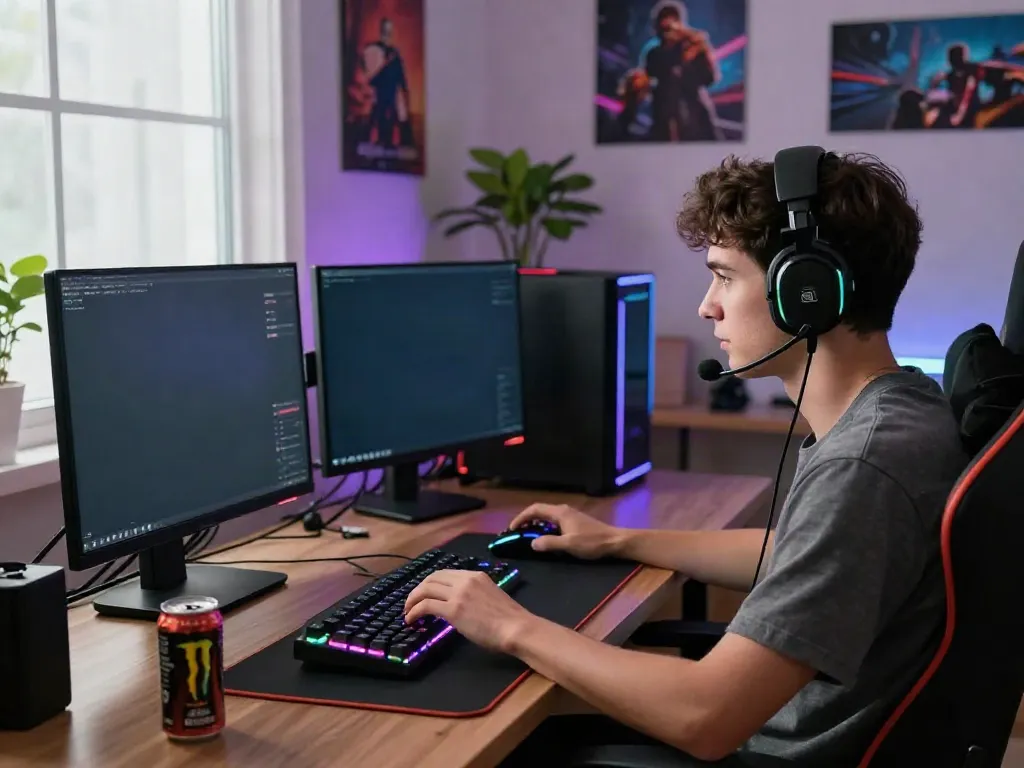 Youth engaging in an intense online gaming session with Nbet gaming peripherals.