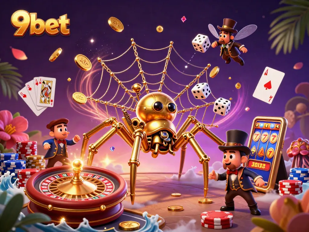 Win big with 9bet in this engaging casino scene featuring a golden spider and delightful game elements.