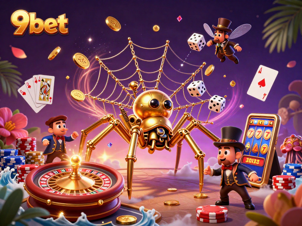 Win big with 9bet in this engaging casino scene featuring a golden spider and delightful game elements.