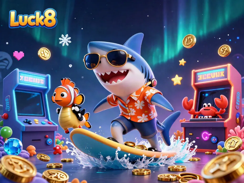 Experience thrilling fun at Luck8 with a colorful 3D casino scene featuring vibrant characters and gaming elements.