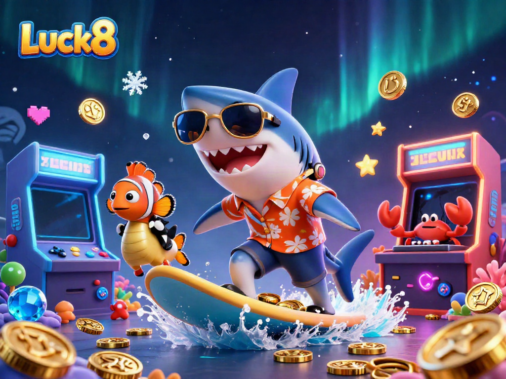 Experience thrilling fun at Luck8 with a colorful 3D casino scene featuring vibrant characters and gaming elements.