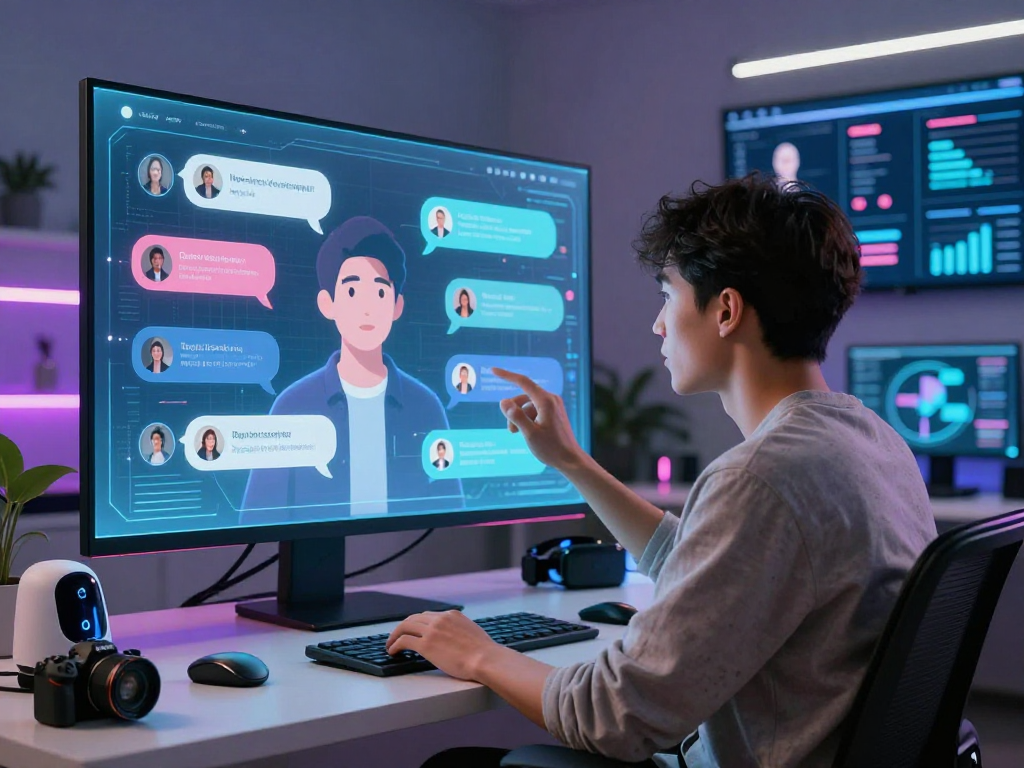 Engaging with nsfw ai chat technology in a futuristic workspace, showcasing dynamic AI chat interface.