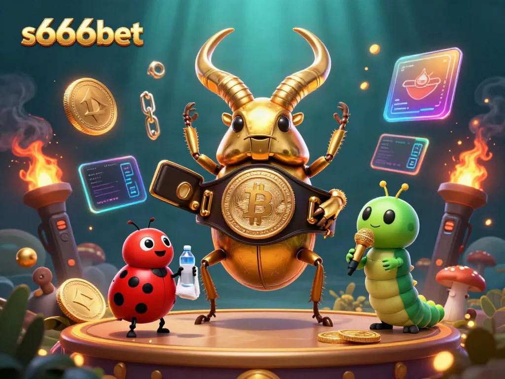 Engage with S666bet's vibrant gaming scene featuring cartoon characters and crypto elements.