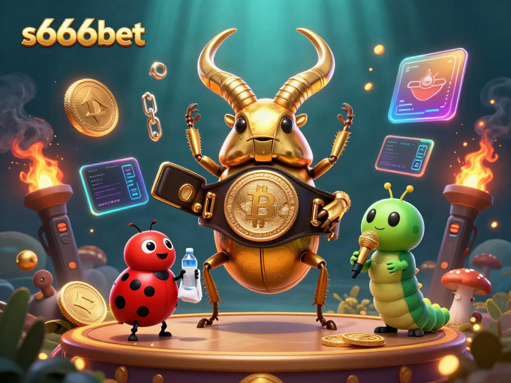 Engage with S666bet's vibrant gaming scene featuring cartoon characters and crypto elements.