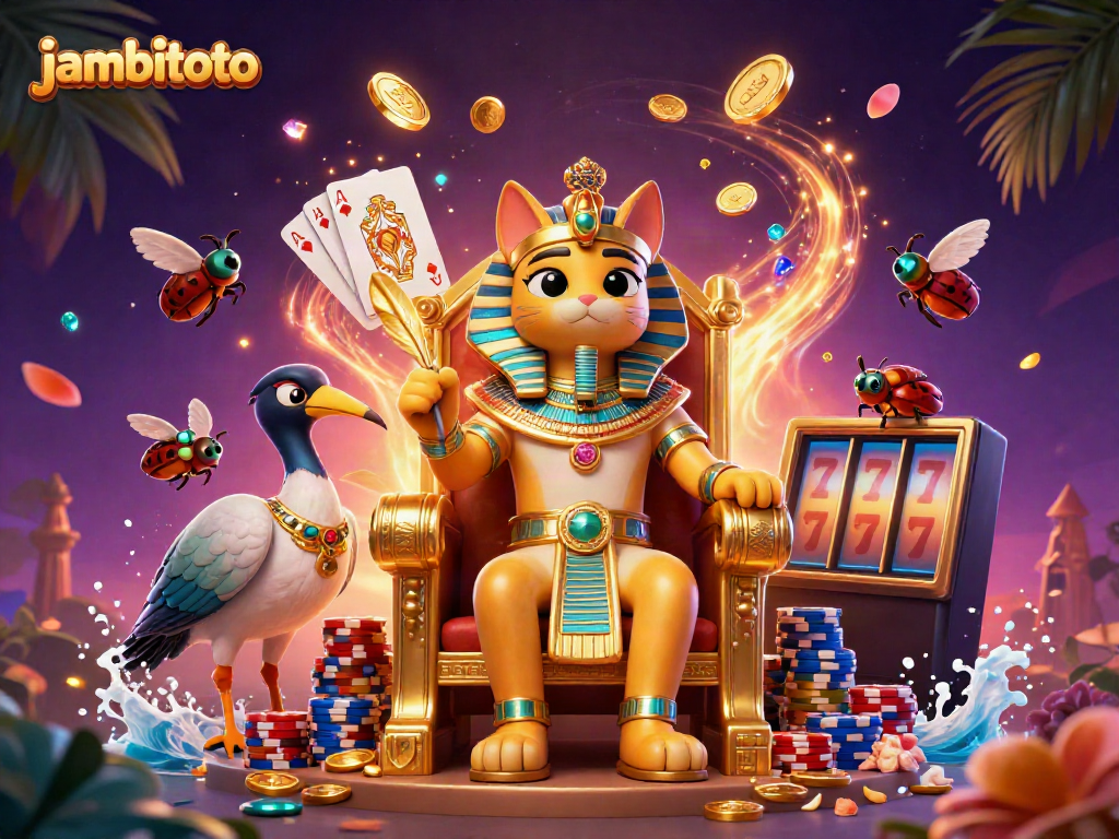 Engage with jambitoto's vibrant casino scene featuring a cartoon pharaoh cat and dynamic gaming elements.