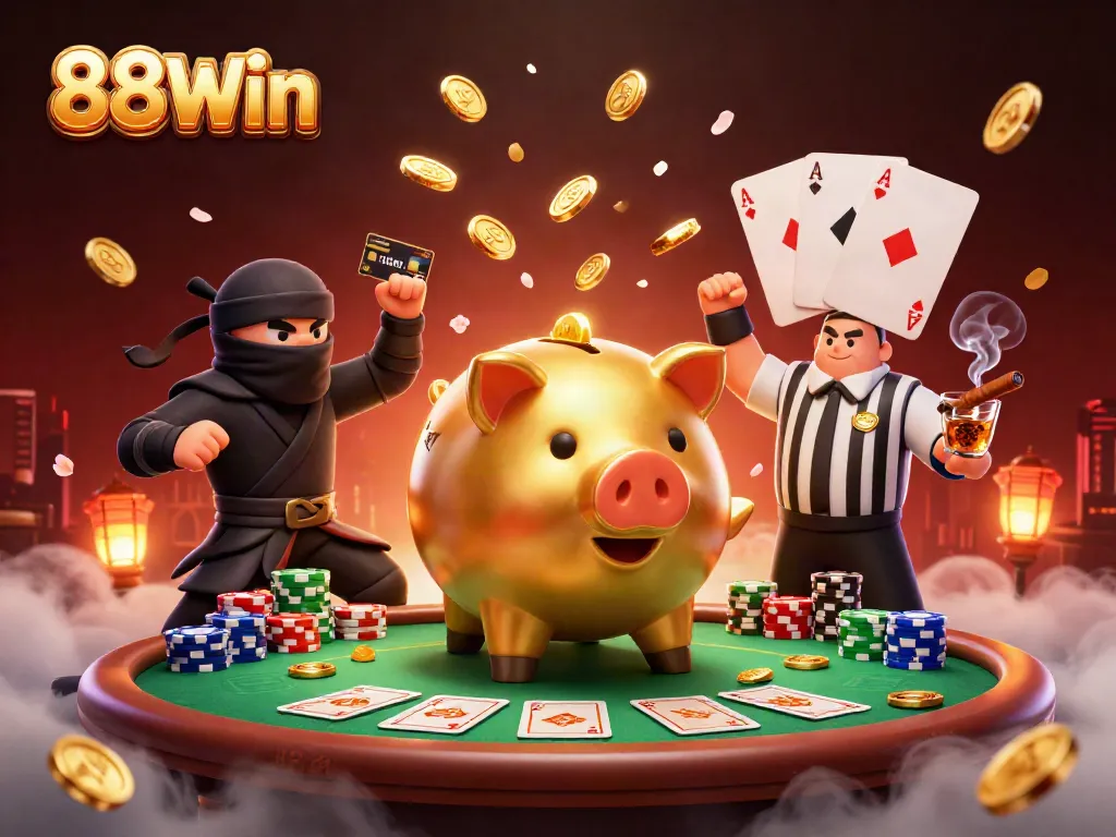 88Win's thrilling casino scene featuring a piggy bank sumo wrestler surrounded by poker elements and energy.