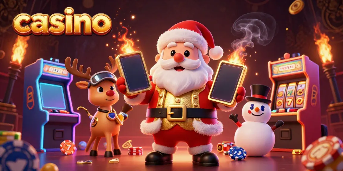 Engaging casino scene with Santa, his reindeer, and a snowman, surrounded by slot machines, colorful lights.