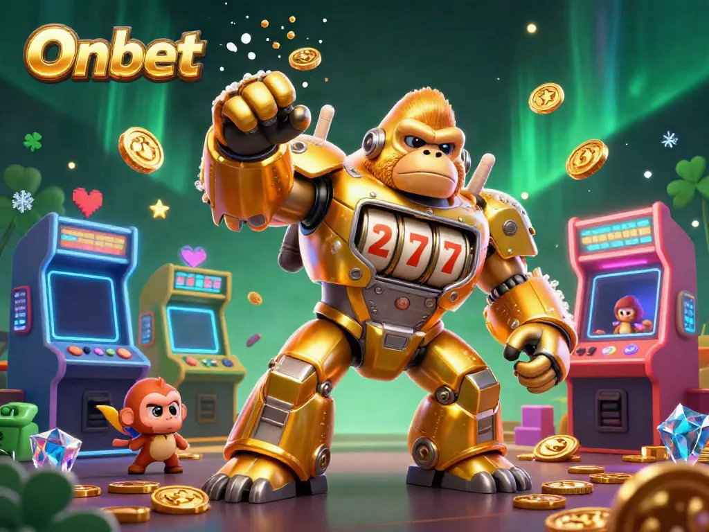 Engage with Onbet's exciting 3D casino experience featuring a golden gorilla mech and dynamic gaming elements.