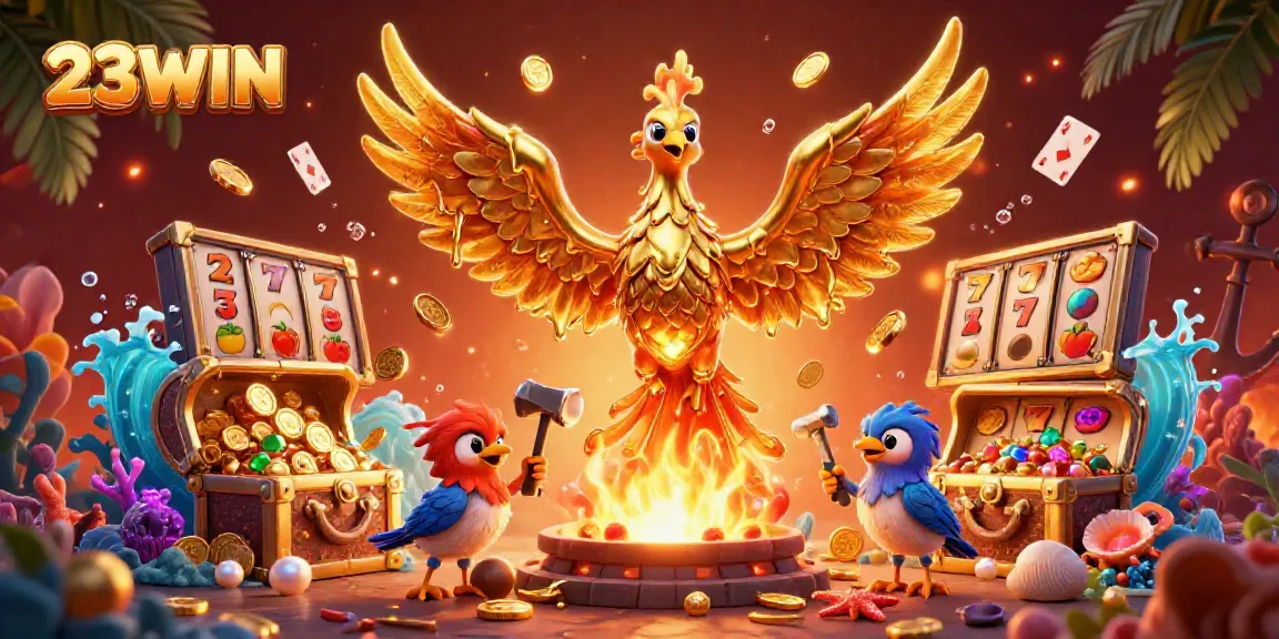 Experience the vibrant energy of 23WIN with a golden phoenix and exciting slot elements in this 3D illustration.