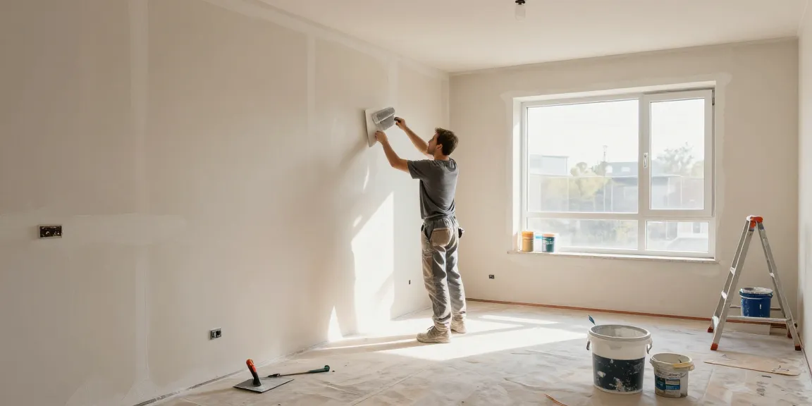 Plastering Service London: Professional applying smooth finish in modern interior renovation.