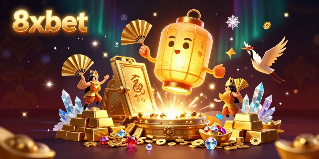 Engage with the vibrant 8xbet casino scene showcasing a giant golden lantern spirit above a treasure vault bursting with riches.