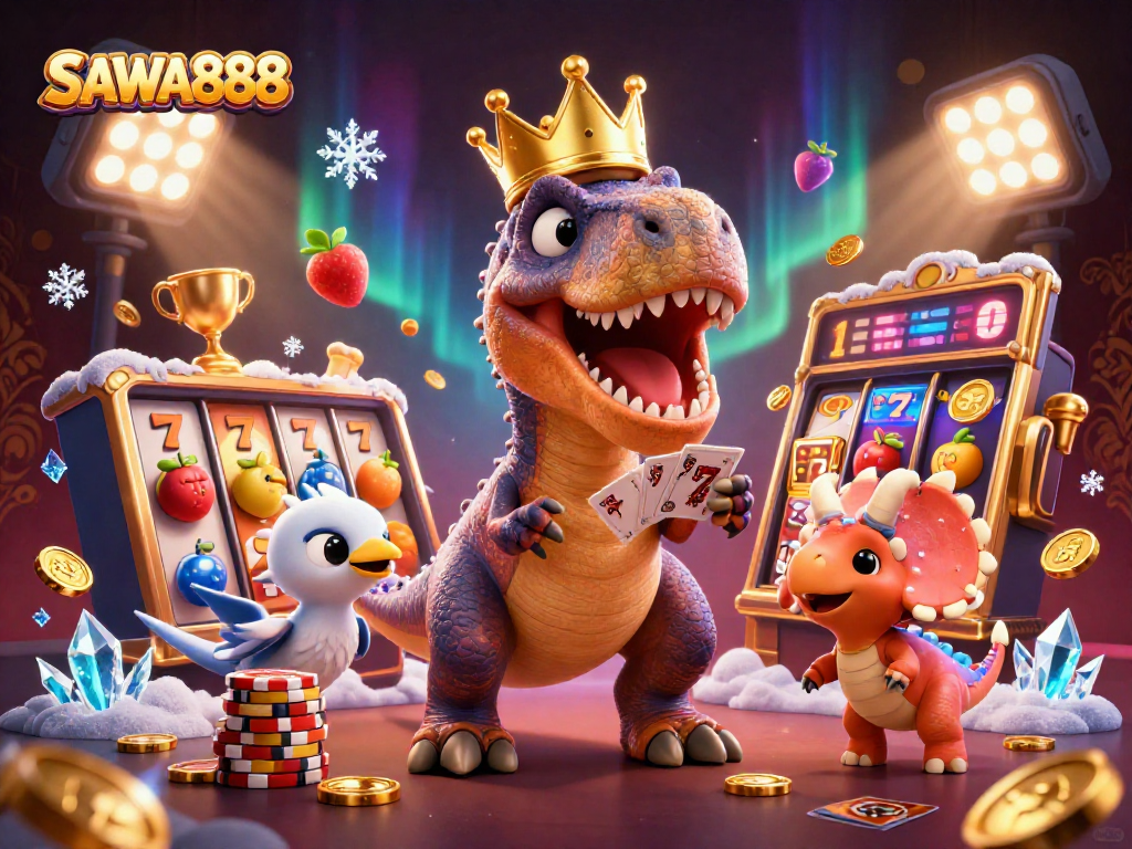 SAWA888 engaging players with a vibrant casino scene featuring a T-Rex and colorful slot game elements.