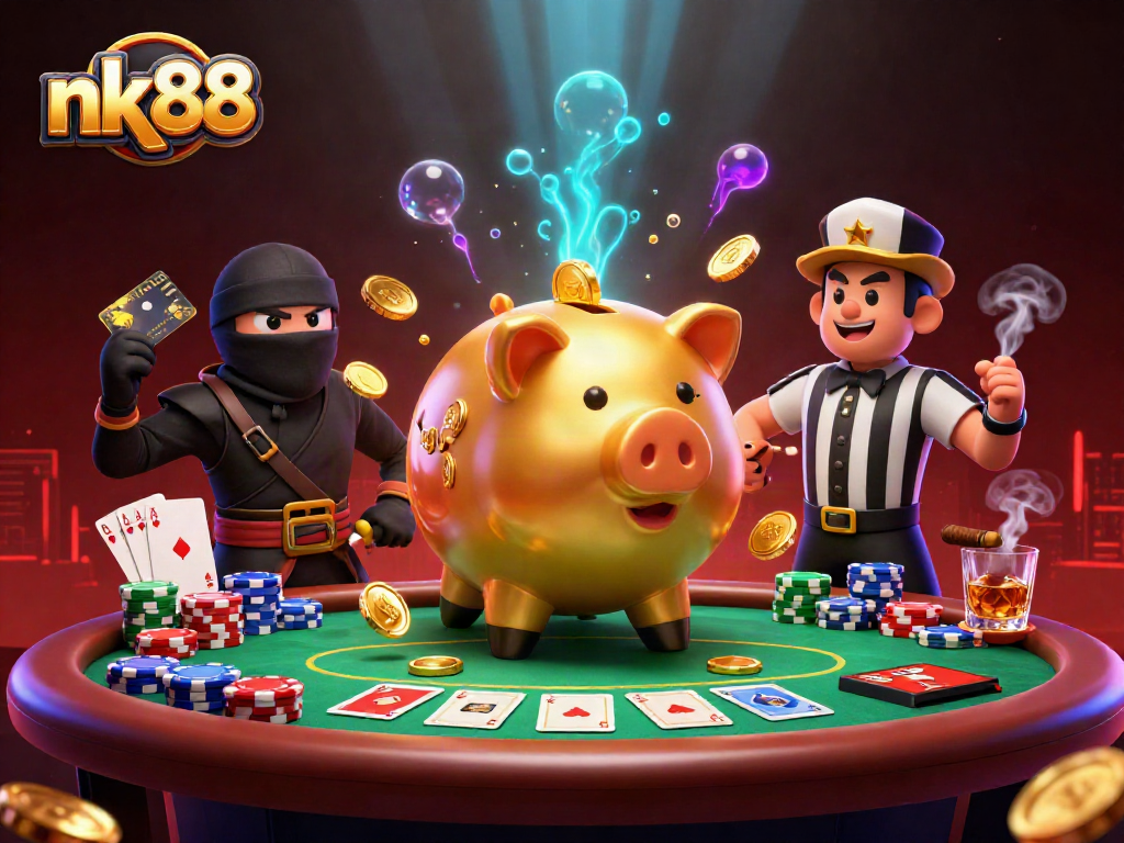 Engage in thrilling poker action with nk88 as golden piggy bank sumo wrestler shakes coins around the vibrant scene.