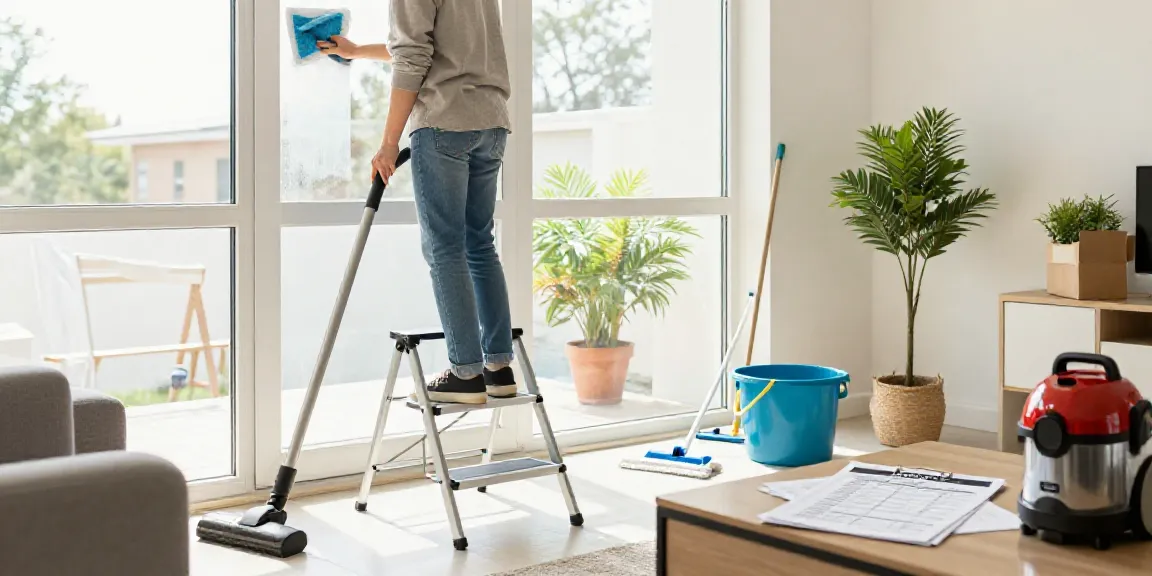 End of lease cleaning Melbourne with a person cleaning windows, bright living room, and cleaning tools.