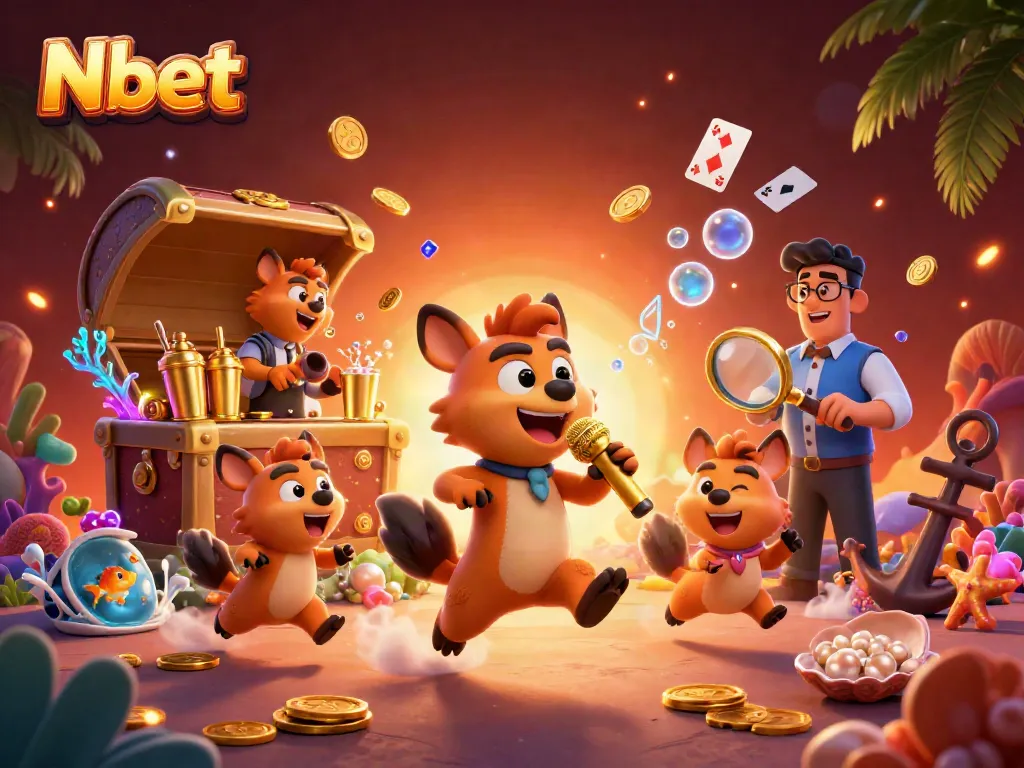 Nbet offers vibrant hyena characters in a comedic casino scene with lively interactions and exciting gaming elements.