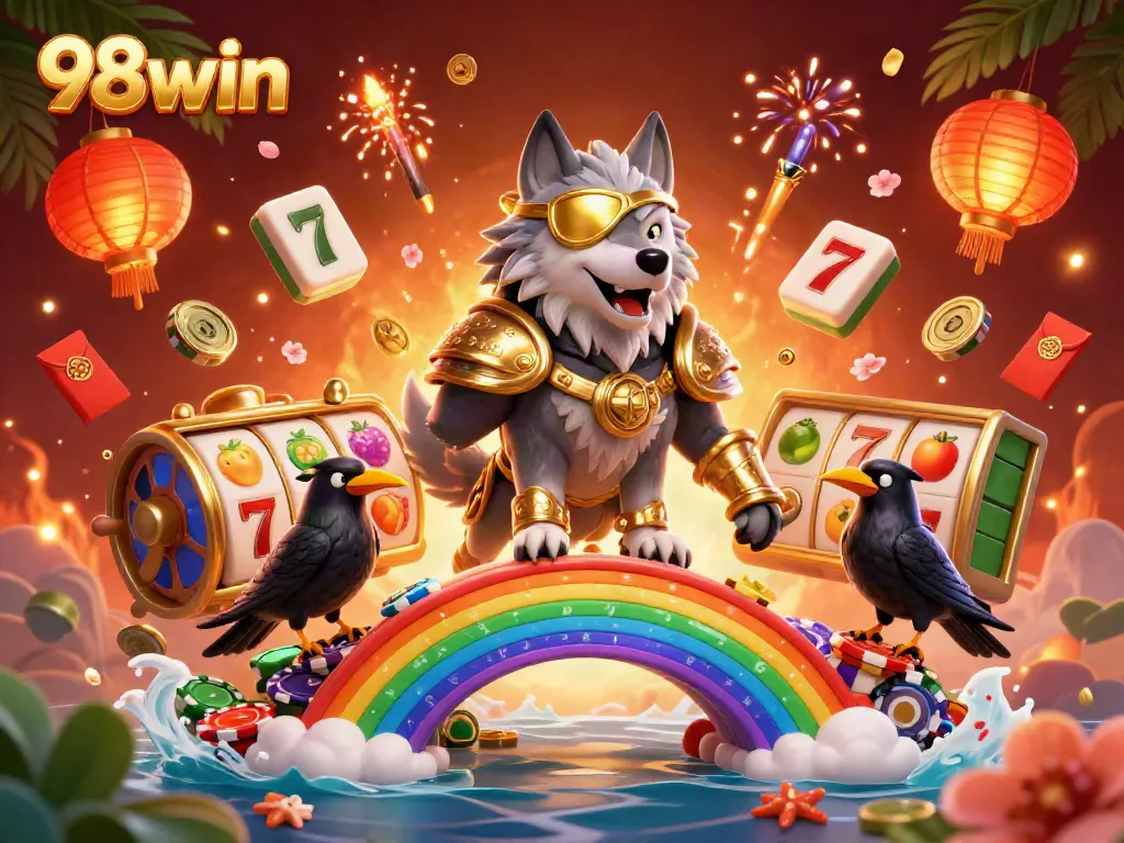 Engage in thrilling gameplay at 98win with vibrant casino chips, glowing slots, and Norse-inspired characters.