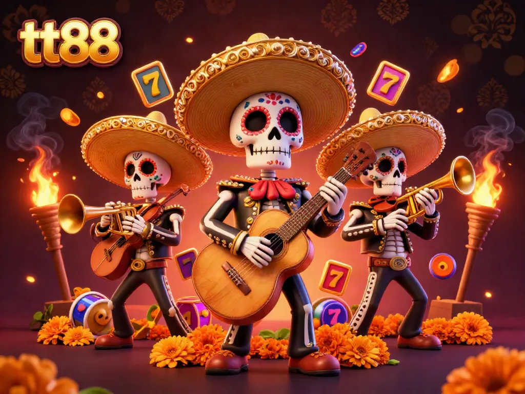 Engage in thrilling slots and jackpots at tt88 with vibrant Day of the Dead mariachi-themed artwork.
