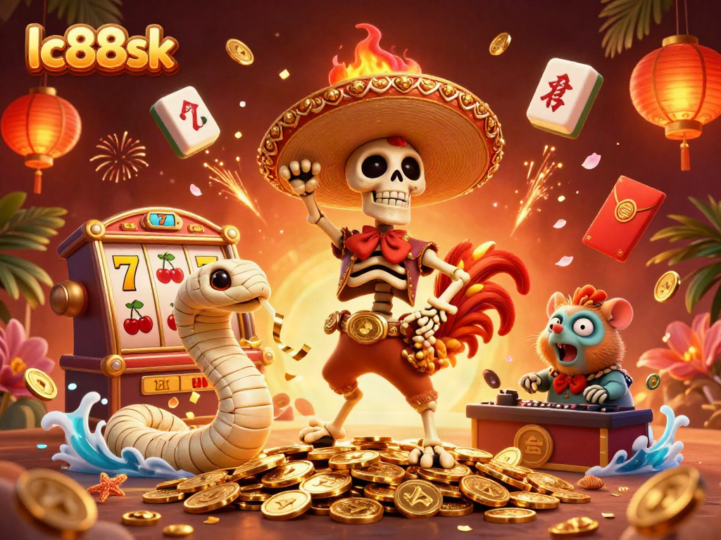 Celebrate big wins with lc88sk in this vibrant cartoon casino scene featuring joyful characters and dynamic game elements