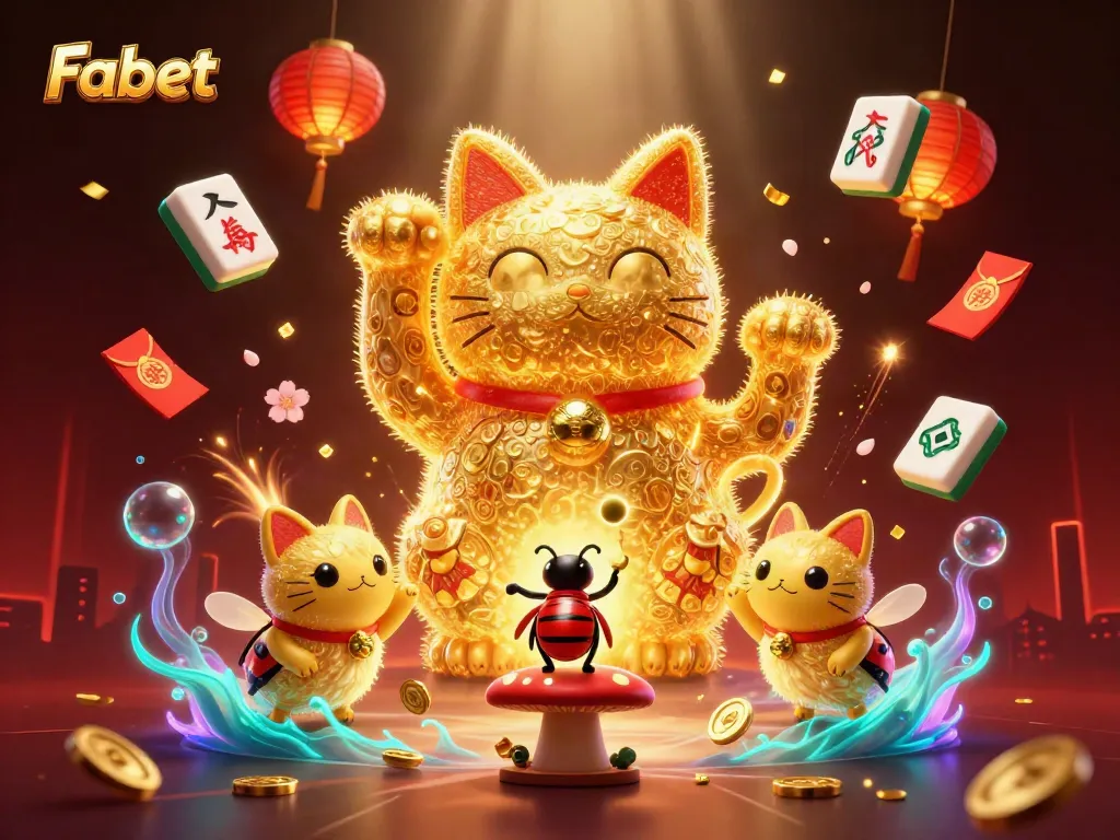 Experience the magic of Fabet's vibrant casino world with a lucky cat and enchanting symbols.