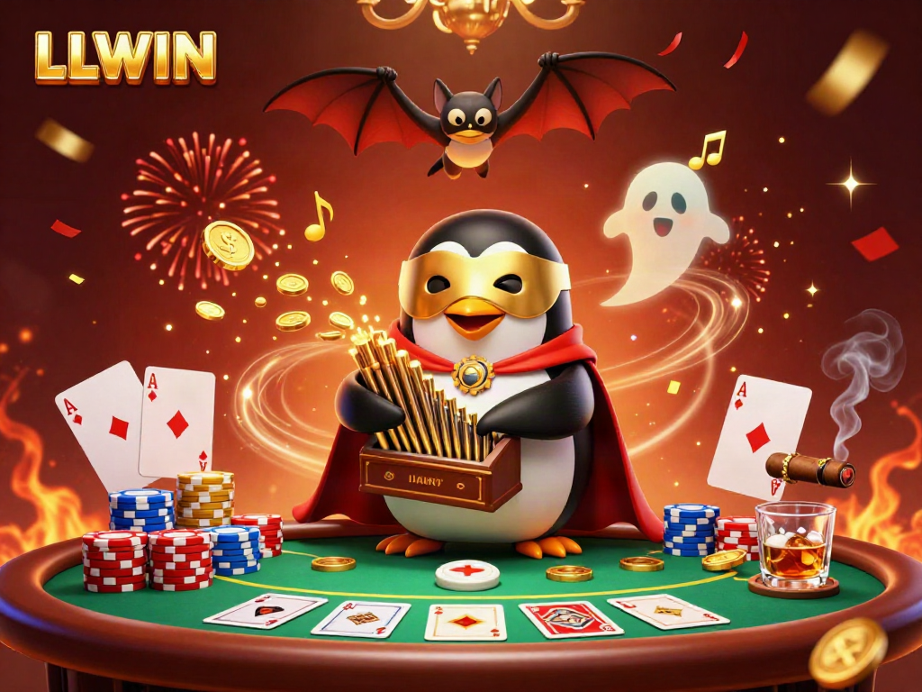 Engage with LLWIN as a 3D cartoon phantom penguin creates a dynamic casino scene.