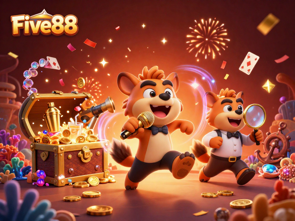 Five88 showcases a lively hyena-themed casino scene with a comedian, bartender, and bouncer.