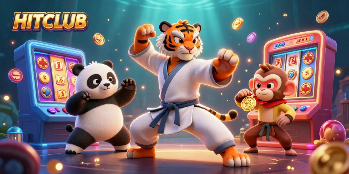 Experience thrilling action at HITCLUB with a fun scene of cartoon characters amidst vibrant 3D casino games.