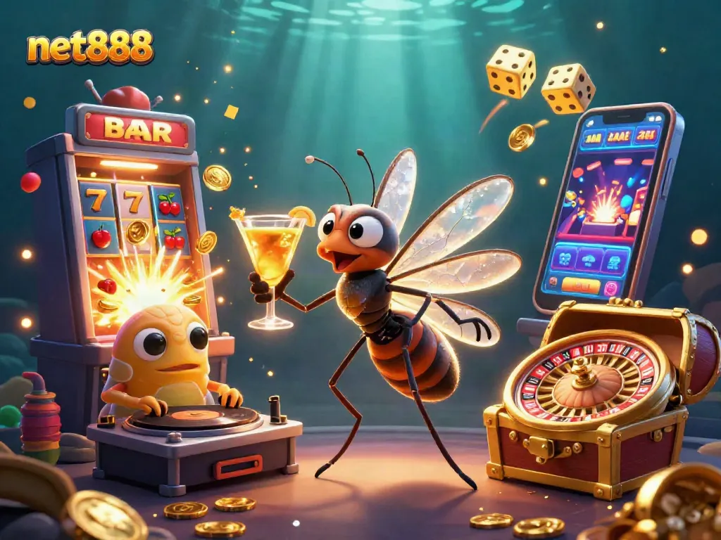 Experience net888's excitement with a vibrant 3D casino illustration featuring unique characters and dynamic elements.