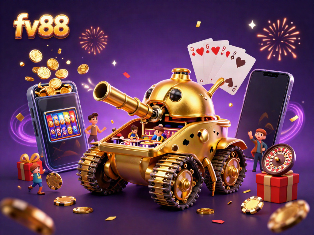Experience the excitement of fv 88 with a vibrant, dynamic casino scene featuring a golden beetle tank and animated gaming elements.