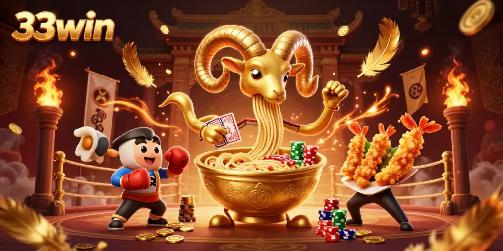 33win casino illustration with a golden ramen bowl dealing cards in a vibrant gambling scene.