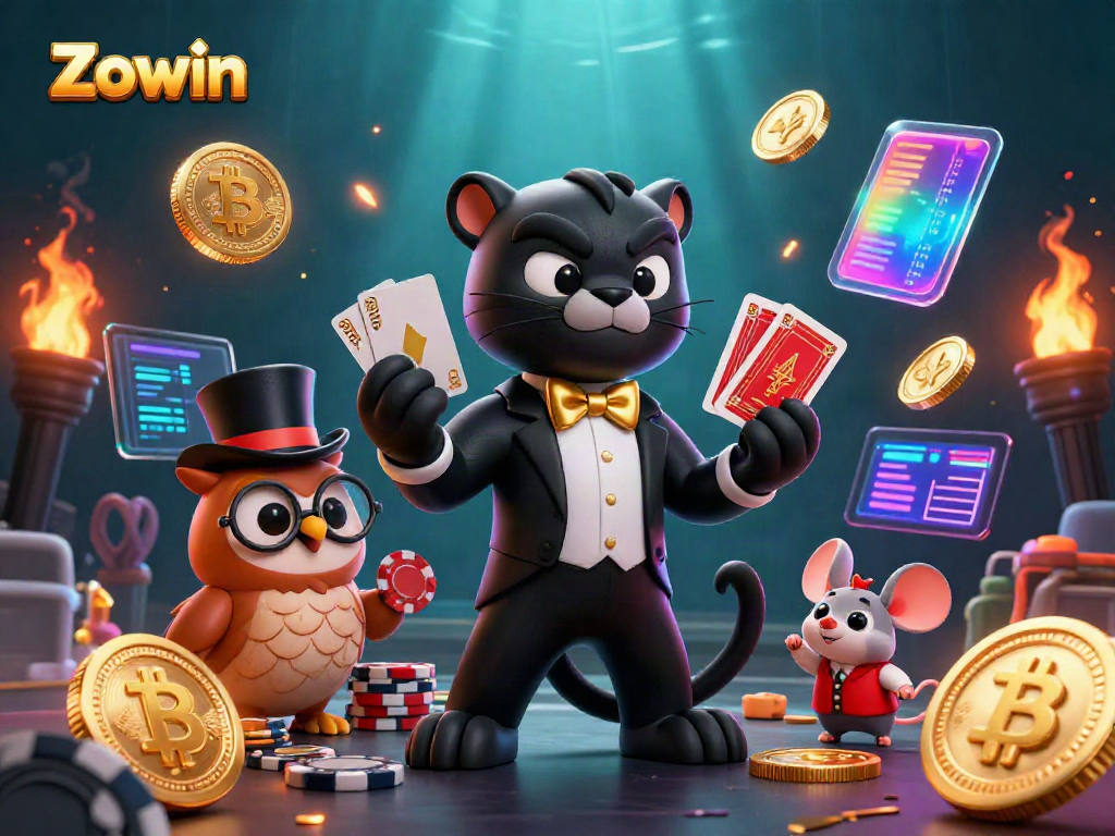 Zowin features a chic panther dealer with cards, an owl with chips, and a mouse amidst vibrant casino elements.