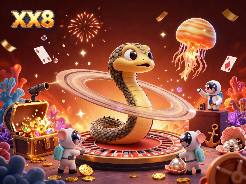 Experience thrilling wins with XX8 as mice bet on a cosmic roulette wheel in this vibrant 3D scene.