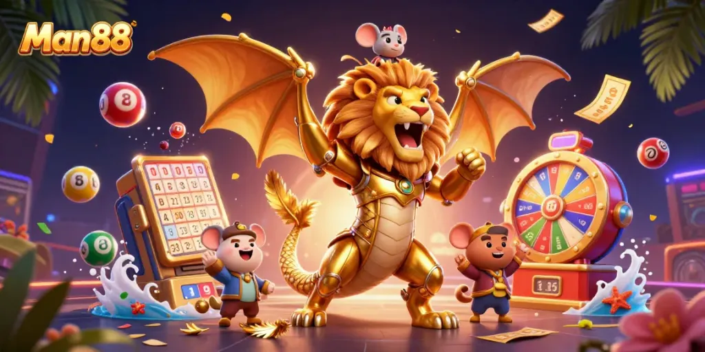 Experience thrilling games and jackpots with Man88 as a chimera creature roars in a vibrant casino scene.
