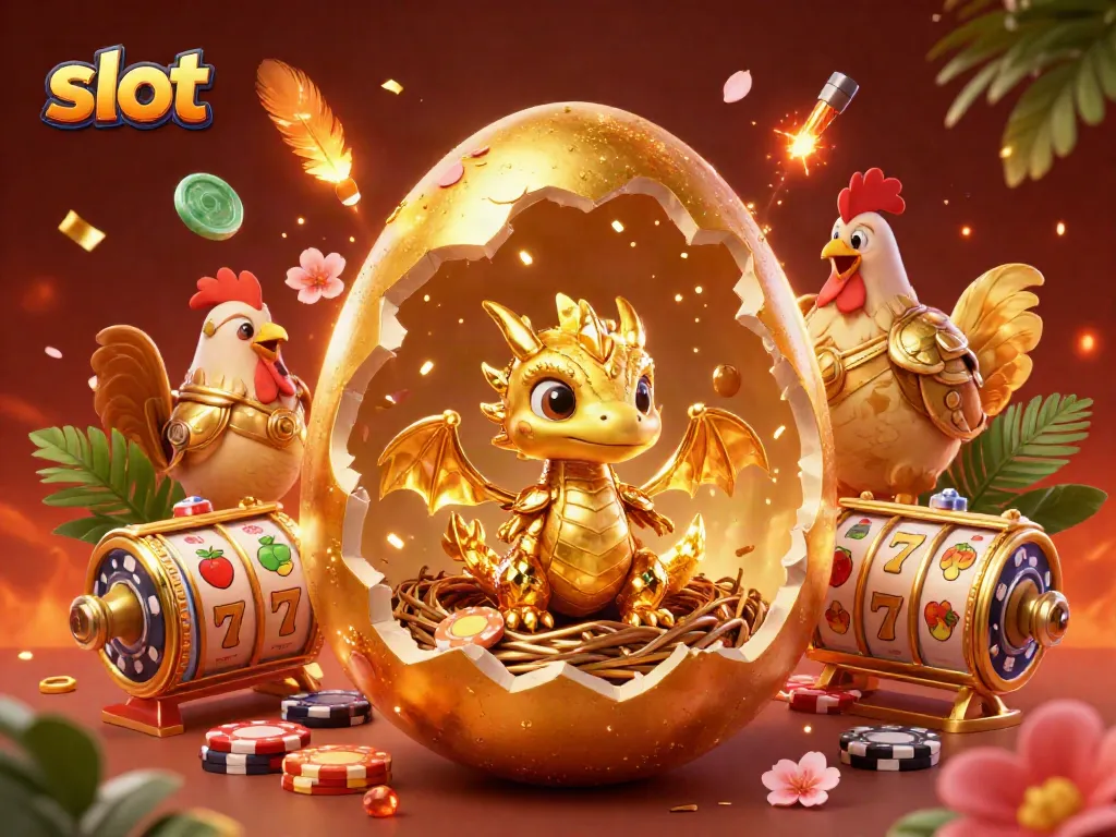 Experience thrilling slot action with a golden dragon and vibrant casino elements in this dynamic illustration.