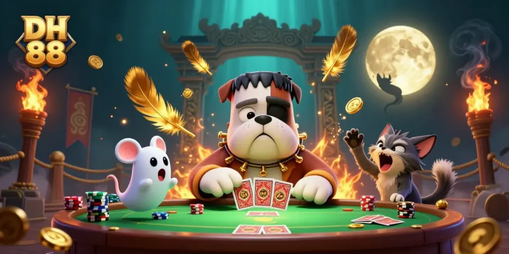 Experience the thrilling charm of DH 88 with Frankenstein bulldog dealer, ghost mouse, and golden werewolf kitten in a dynamic casino scene.
