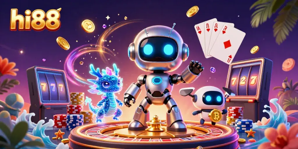 Play exciting casino games at hi88, featuring a vibrant cyberpunk robot and holographic AI characters amid golden coins and roulette.