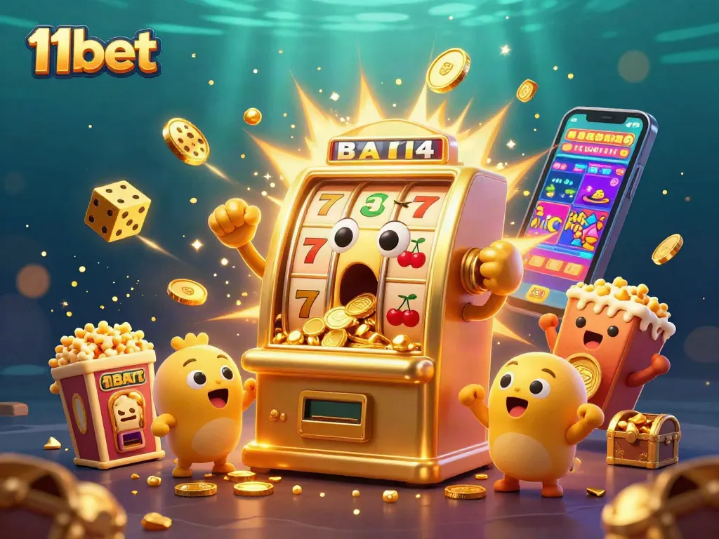 Experience the excitement of 11bet as golden slot machines hit jackpots amidst a dynamic casino scene.