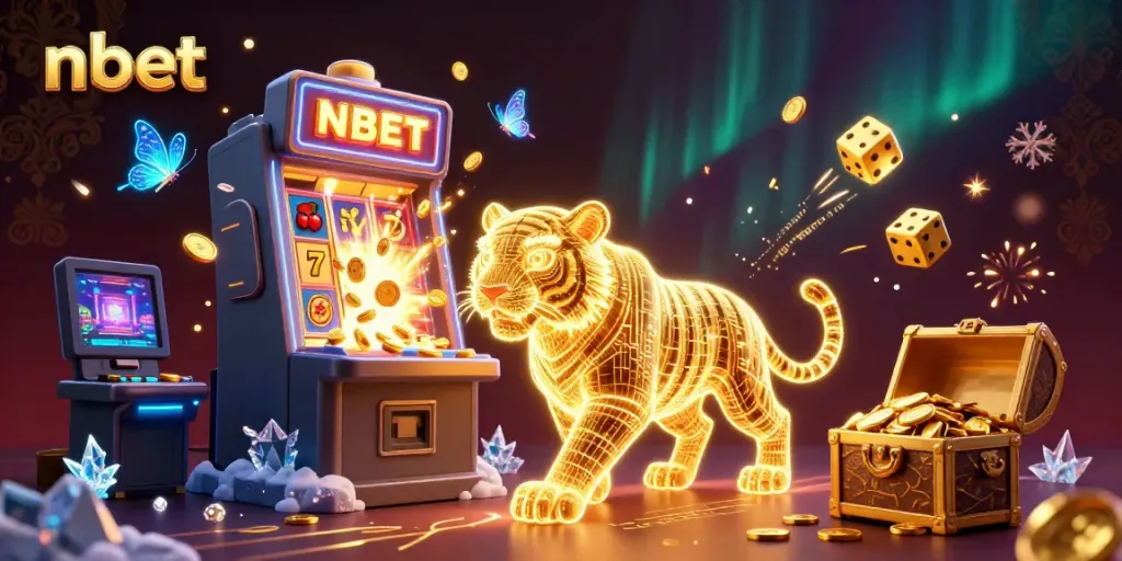 Experience thrilling gaming with nbet's neon-wireframe tiger in a vibrant digital casino landscape, enriched with game elements.