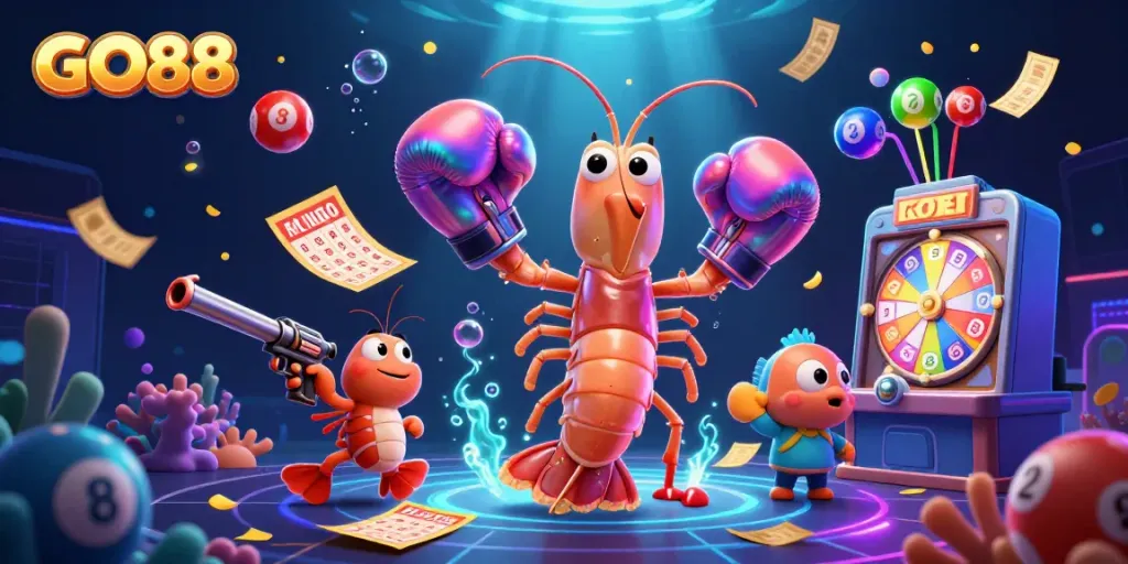 Experience the excitement of GO88 with vibrant lottery elements and animated casino characters in a dynamic scene.
