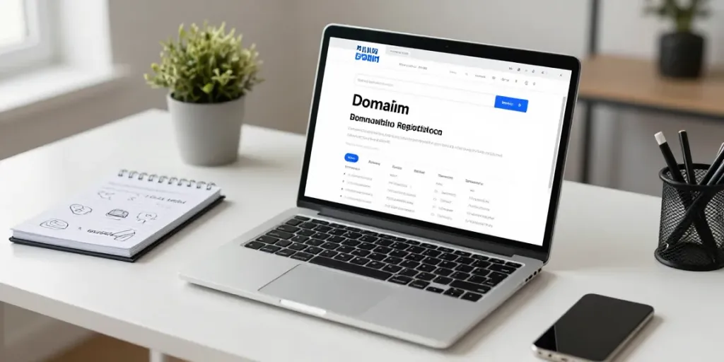 Buy .uk domain in a modern workspace with laptop and notepad.