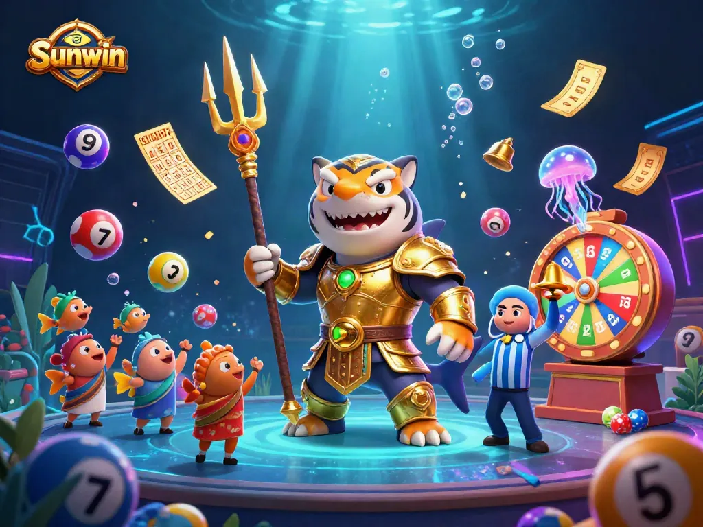 Engage with the thrilling underwater universe of Sunwin, featuring an epic golden gladiator shark and lively game elements.